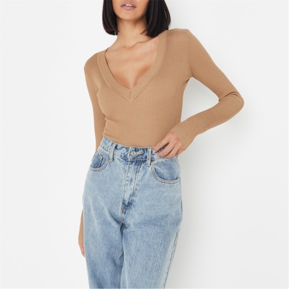 MISSGUIDED TAN KNIT RIB BODYSUIT | SZ‎ 10